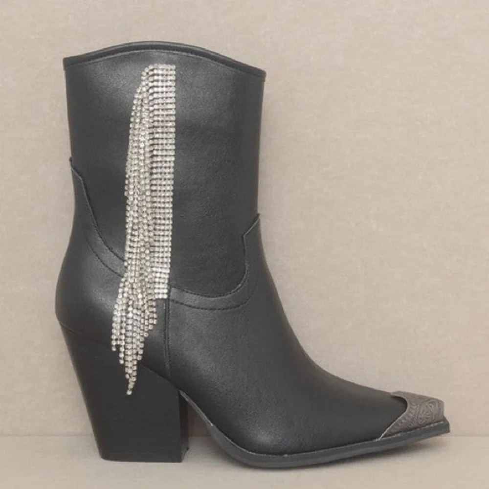 The Kai Rhinestone Fringe Etched Toe Cap Western Cowgirl Booties Boots Black